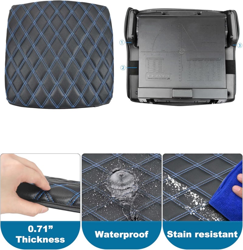 Eaglecover غطاء كونسول مركزي لدودج رام 1500 2019-2026، مقعد دلو، ملحقات داخلية من جلد الفينيل، وسادة مسند ذراع السيارة، مضادة للخدش، خياطة سوداء وزرقاء - Image 5